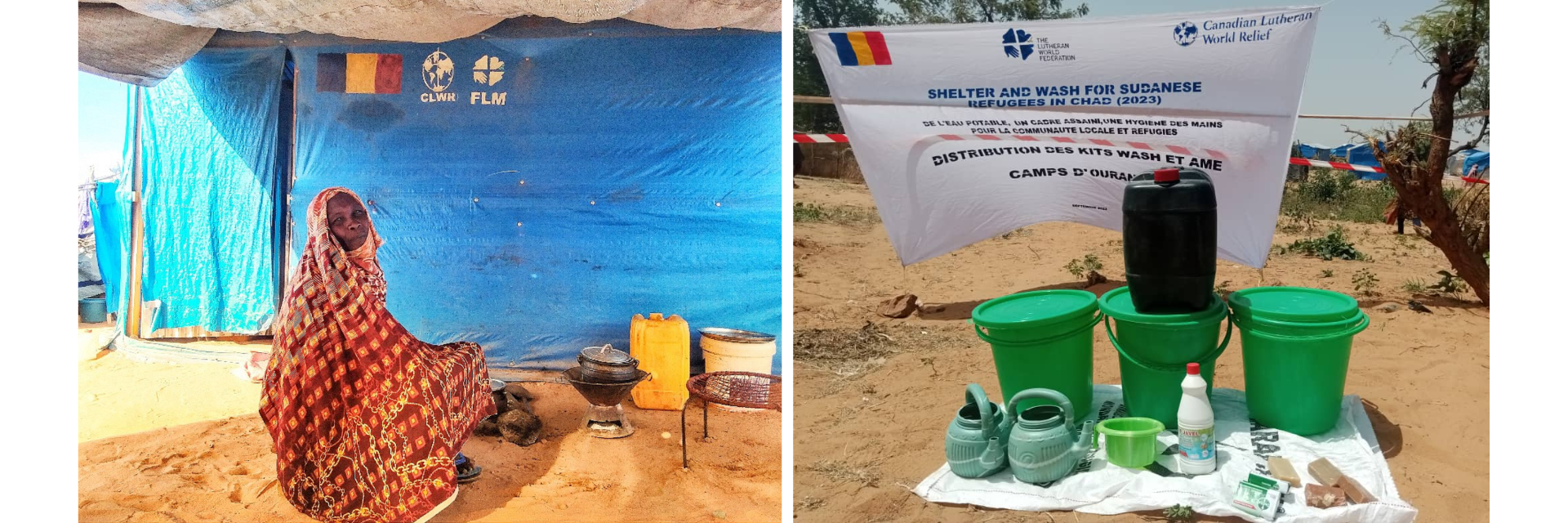 Alia in front of her shelter and hygiene kits