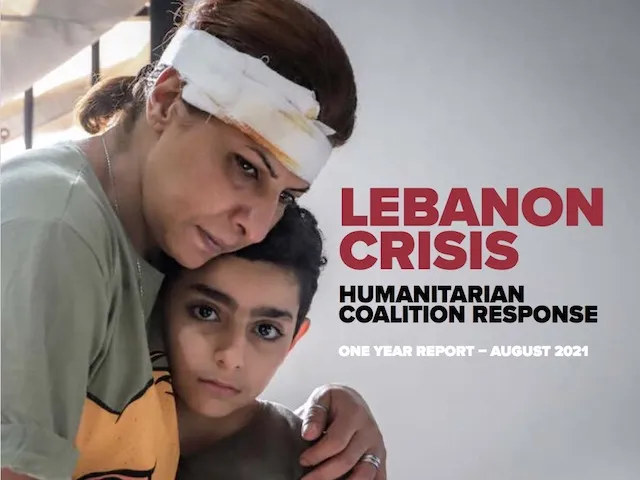 Cover image of the report on the Lebanon Crisis showing a mother hugging her son